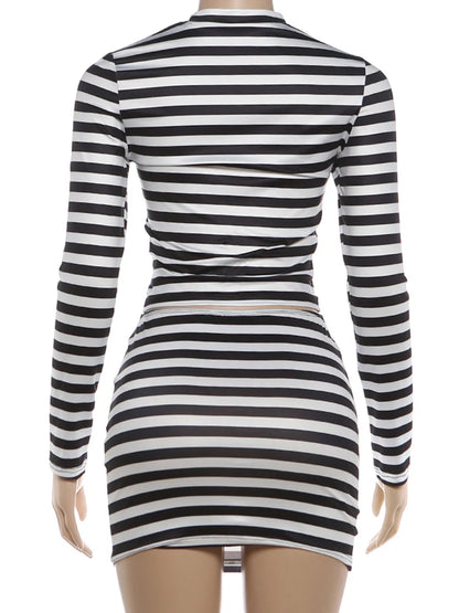Weird Puss Striped Print 2-Piece Set Women O-Neck Full Sleeve Crop Tops+Mini Simple Skirt Spring Trend Skinny Classic Party Suit