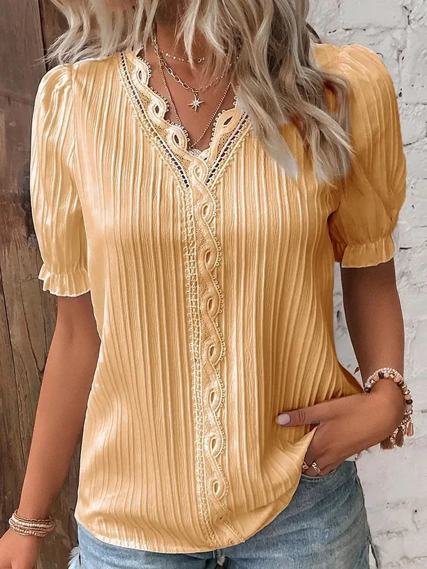 Elegant Women Blouse Shirt V Neck Lace Patchwork Short Sleeve Shirts For Women Summer Lady Tops