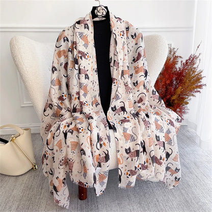 Autumn and Winter Travel Warm Cashmere Shawl Scarf Fashion Women Cat Print Pashmina Blanket Wraps Female Cute Poncho Bufanda