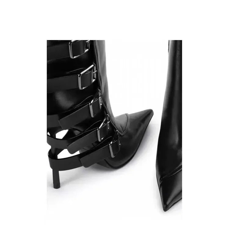 New Belt Buckle Stiletto High Heels Knee Length Boots Autumn/Winter Women's Fashion Pointed Party 34-46 Large Medium Boots