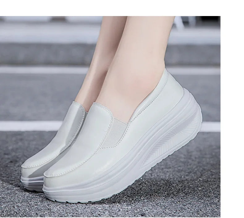 EOFK Women Moccasions Walking Shoes For Work Soft Wedges Platform Loafers Female Black Swing Slip On Casual Non Slip Female Shoe