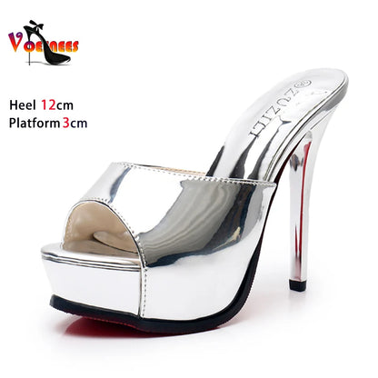 Summer High Heels Mules Designer Brand Golden Sandals Woman 2024 Luxury Platform Party Slides Shoes 12CM Stiletto Women Slippers