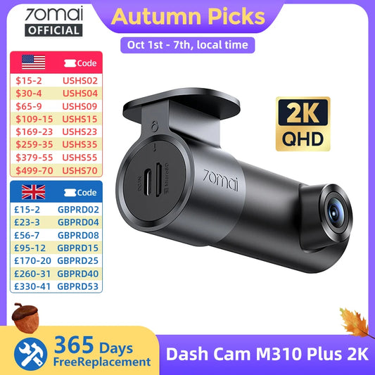 70mai Dash Cam M310 Plus 2K English Voice Control 1440P WDR Night Vision 24H Parking Surveillance 70mai M310 2K Car DVR Wi-Fi 6