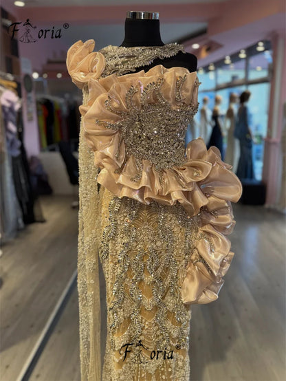 Luxury Major Crystal Evening Dresses Champagne Ruffle Wedding Dress One Shoulder Shiny Bead Arabic Fromal Gala vestidos de novia