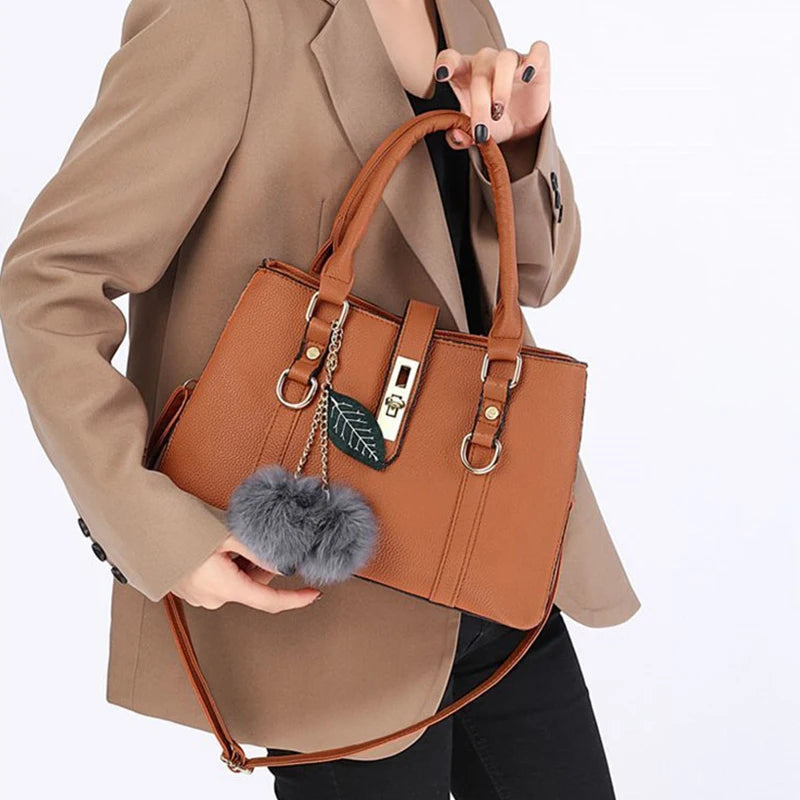 Women Fashion Hairball Shopper Totes Solid Color PU Leather Large Capacity Handbag Ladies Luxury Designer Crossbody Shoulder Bag