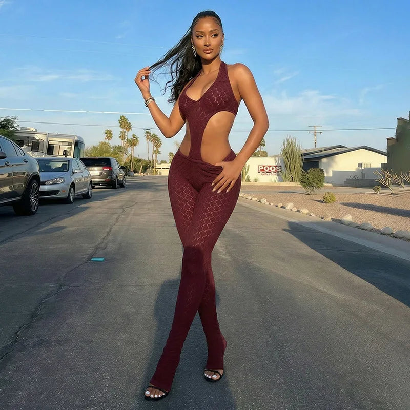 FAGADOER Sexy Lace Hollow-out Patchwork Bodycon Jumpsuits Woman Halter See Through Backless Rompers Female Streetwear Overalls