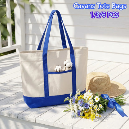 1/3/6PCS Heavy Duty Canvas Tote Bag with Front Pocket Blank DIY Reusable Grocery Shoulder Bag for Women Office School Beach