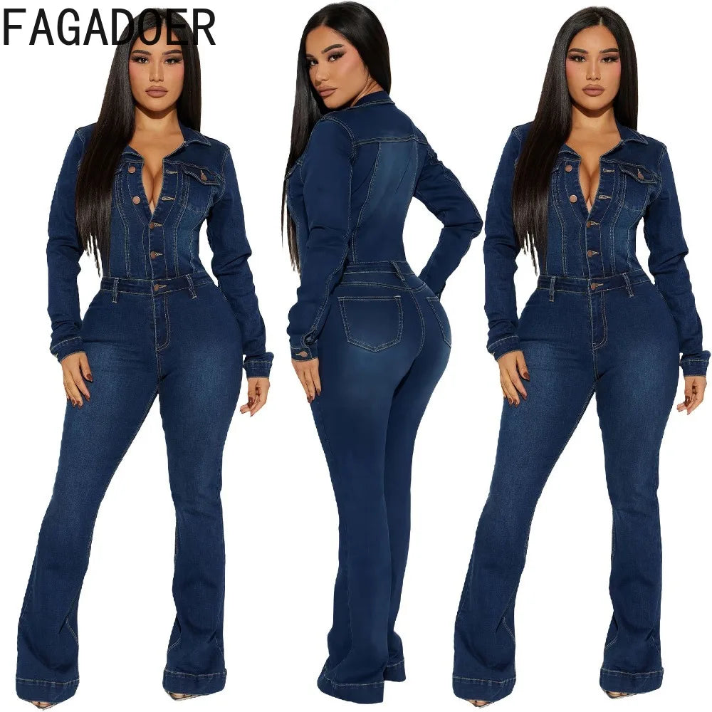 FAGADOER Fashion Denim Elastic Flared Pants Jumpsuits Women Turndown Collar Button Long Sleeve Playsuits Female Cowboy Overalls