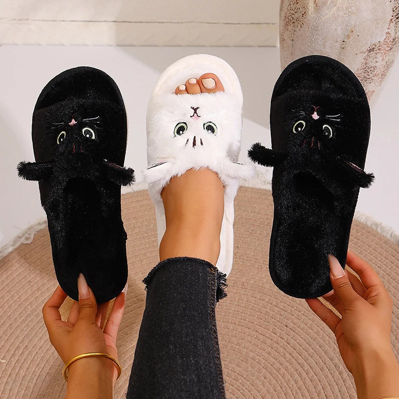 Casual Women's Slippers Home Flats Cat Cartoon Fluffy Luxury Designer Shoes Girls Spring Autumn Elegant Indoor Slides Soft Sole