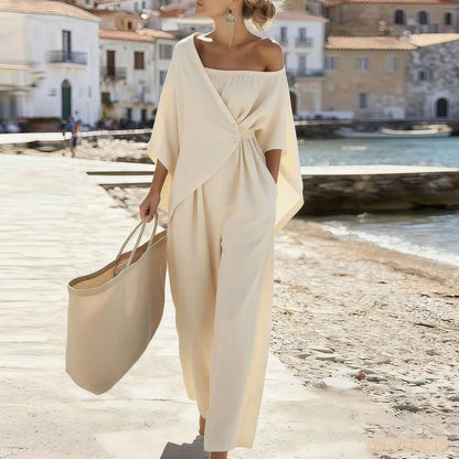 Elegant New Off Shoulder Hollow Jumpsuits Woman Batwing Sleeve Wrap Tie Waist Romper Spring Casual Solid Wide Leg Pants Overalls