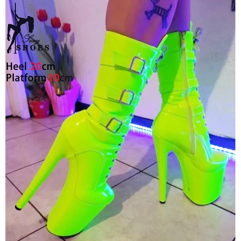 Fluorescent Green Fashionable Women ANKLE Boots Round Toe Side ZIP Short Boots Pole Dance Shoes Platform Heels Three Belt Buck