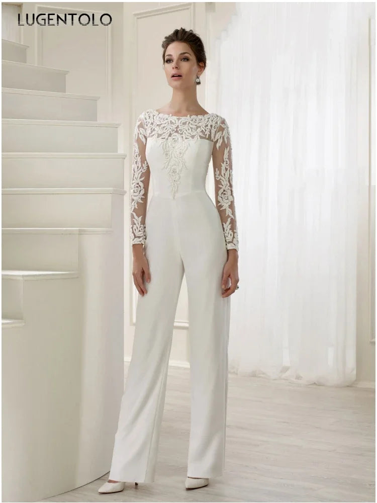 Women Jumpsuit Party Autumn New Female Sexy Perspective Lace Long Sleeve Slim-fit Solid Fake Two-piece Jumpsuits Lugentolo
