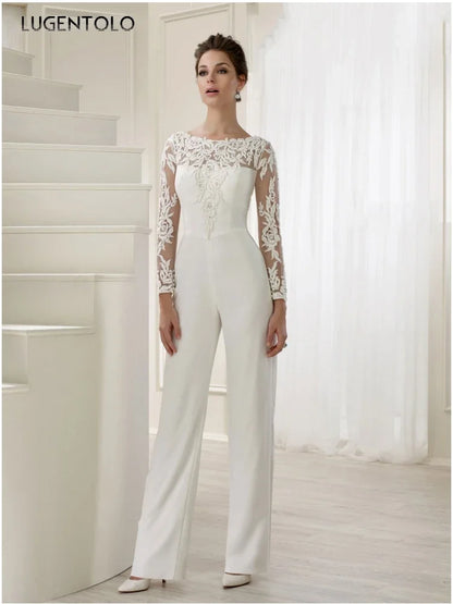 Women Jumpsuit Party Autumn New Female Sexy Perspective Lace Long Sleeve Slim-fit Solid Fake Two-piece Jumpsuits Lugentolo