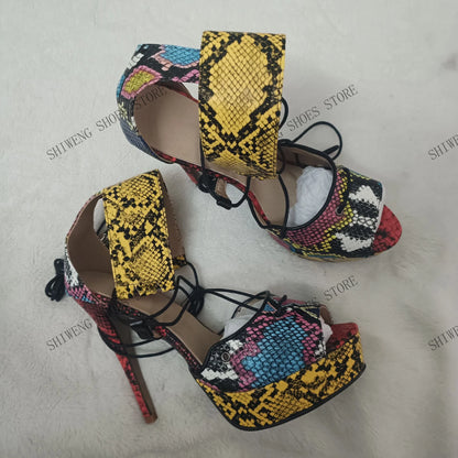 Women Multicolor Snake Print Ankle Cuff Platform Sandals Open Toe Lace Up Stiletto Heel Party Club Evening Prom Dress Shoes 44