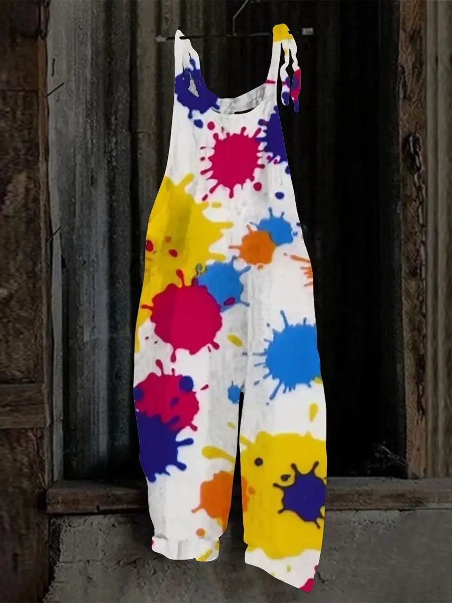 2026 New Colorful Paint Splash Print Sleeveless Overalls Women Casual Loose Wide Leg Jumpsuit Graffiti Art Streetwear Rompers Fo