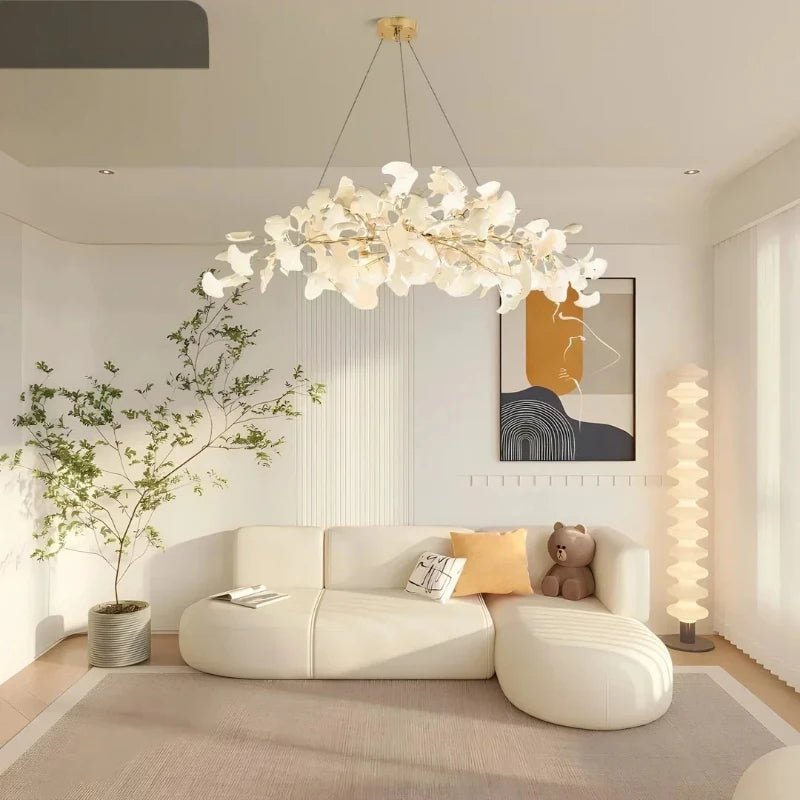 Modern Ceramics White Long Ginkgo Leaf LED Pendant Light Decoration Villa Living Room Ceiling Chandelier Indoor Hanging Lights