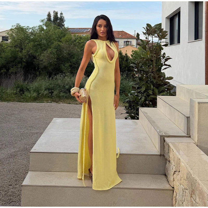 Braided Trim Sexy High Slit Dress Lady Sleeveless Hollow Out Backless Bodycon Maxi Dresses 2026 Summer Elegant Chic Evening Gown
