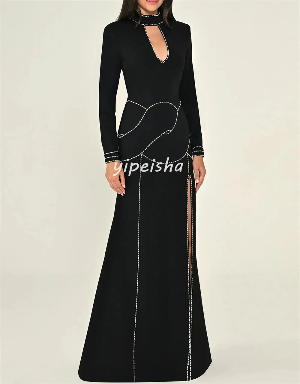 Customized Sizes Available Exquisite Jersey Rhinestone A-line High Collar Long Dresses Bespoke Occasion Dresses High Quality