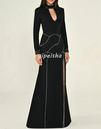 Customized Sizes Available Exquisite Jersey Rhinestone A-line High Collar Long Dresses Bespoke Occasion Dresses High Quality