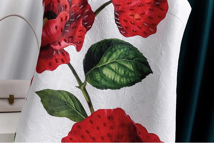 Women White Floral Printed Beaded Dress Sleeveless Round Neck a Line Elegant Summer Party Luxury Jacquard Shift Dress Chic Look