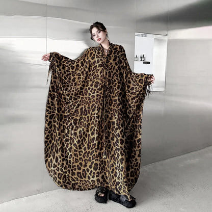 Leopard Print Loose Bat-sleeve Dress Women Summer Stand-up Collar Tie-waist Oversize Slimming Casual Long Dress XY420