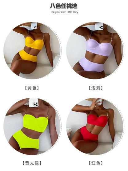 Push Up Bikini Hard Wrap Top Underwire Chain Shoulder Straps High Waist Bottom Swimwear Women Solid Swimming Beach Bathing Suit