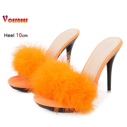 10CM Thin High Heel Summer Furry Slippers For Ladies Mules Fashion Fluffy Fur Slides Sandals 2025 New Brand Women's Party Shoes