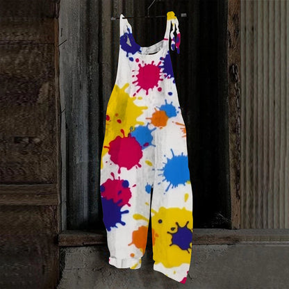 2026 New Colorful Paint Splash Print Sleeveless Overalls Women Casual Loose Wide Leg Jumpsuit Graffiti Art Streetwear Rompers Fo