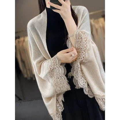 Fashion Women Wool Knitted Shawl Skin Friendly Breathable Lace Edge Scarf Spring Autumn Luxury Brand Design Cloak Shawl