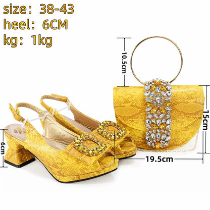 2025 Autumn New Design Specials Italian Women Shoes and Bag Set Pink Color Comfortable Mid Heels With Rhinestone
