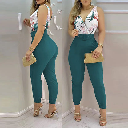 Summer Women Jumpsuits Elegant Office Lady Sexy V-neck Sleeveless Print Jumpsuits New Fashion With Belt Vest Playsuit Streetwear