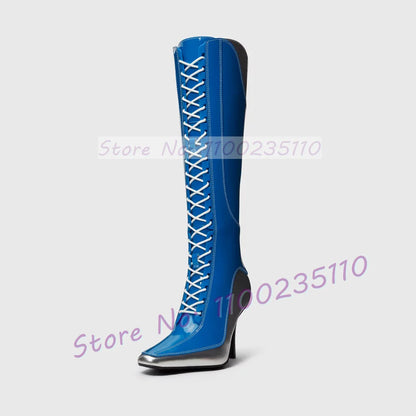 Blue Patent Leather Knee High Boots Women Stylish Pointy Toe Cross Tied High Heels Dress Shoes Ladies Hollow Out Cool Tall Boots