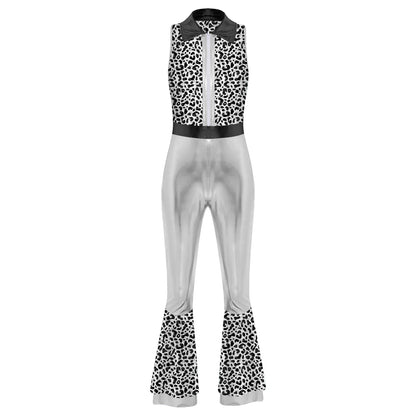 70s 80s Disco Costume Women's Streetwear Jumpsuit Shiny Clubwear Flared Long Pants Rompers Flares Metallic Hippie Party Outfit