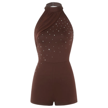 Women Fashion Rhinestone Party Jumpsuit Halter Backless Mesh Rompers for Casual Daily Life Birthday Vacation Beach Bodysuit