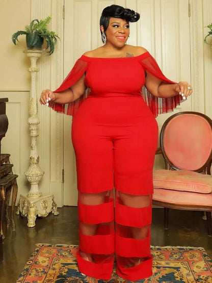 Women Jumpsuits Elegant Mesh Tassel Sleeves Off The Shoulder Summer Jumpsuit Straight Pant Sexy Plus Size Jumpsuit Evening