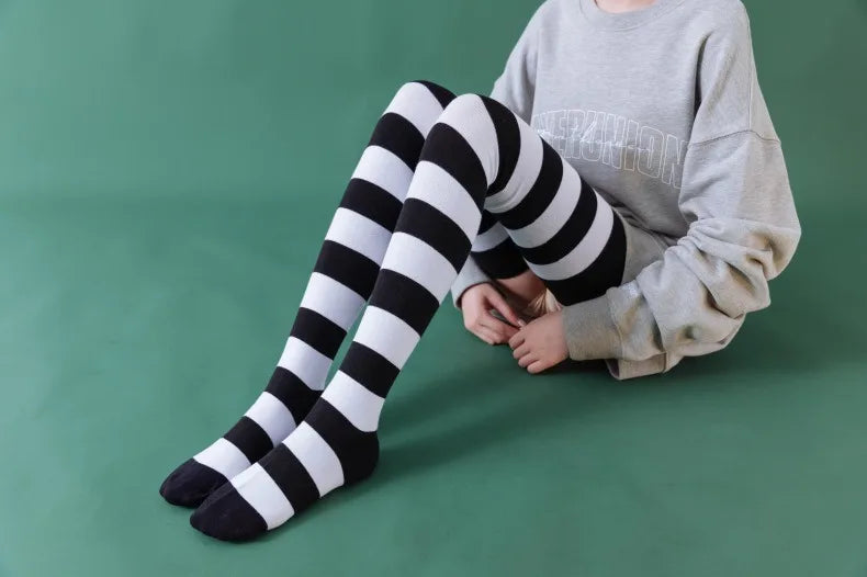 1/2 Pairs Women Over The Knee Socks Cotton Thigh High Socks Black White Blue Colorful Striped Pattern Fashion Casual Daily Wear