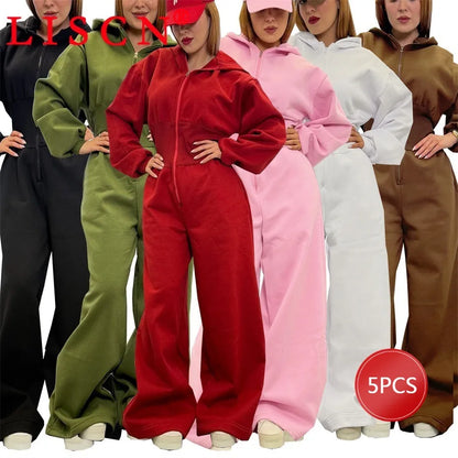 5 Bulk Items Wholesale Lots Rompers Womens Jumpsuits Long Sleeve Hooded Slim Solid Casual Y2k Clothing Street K16131