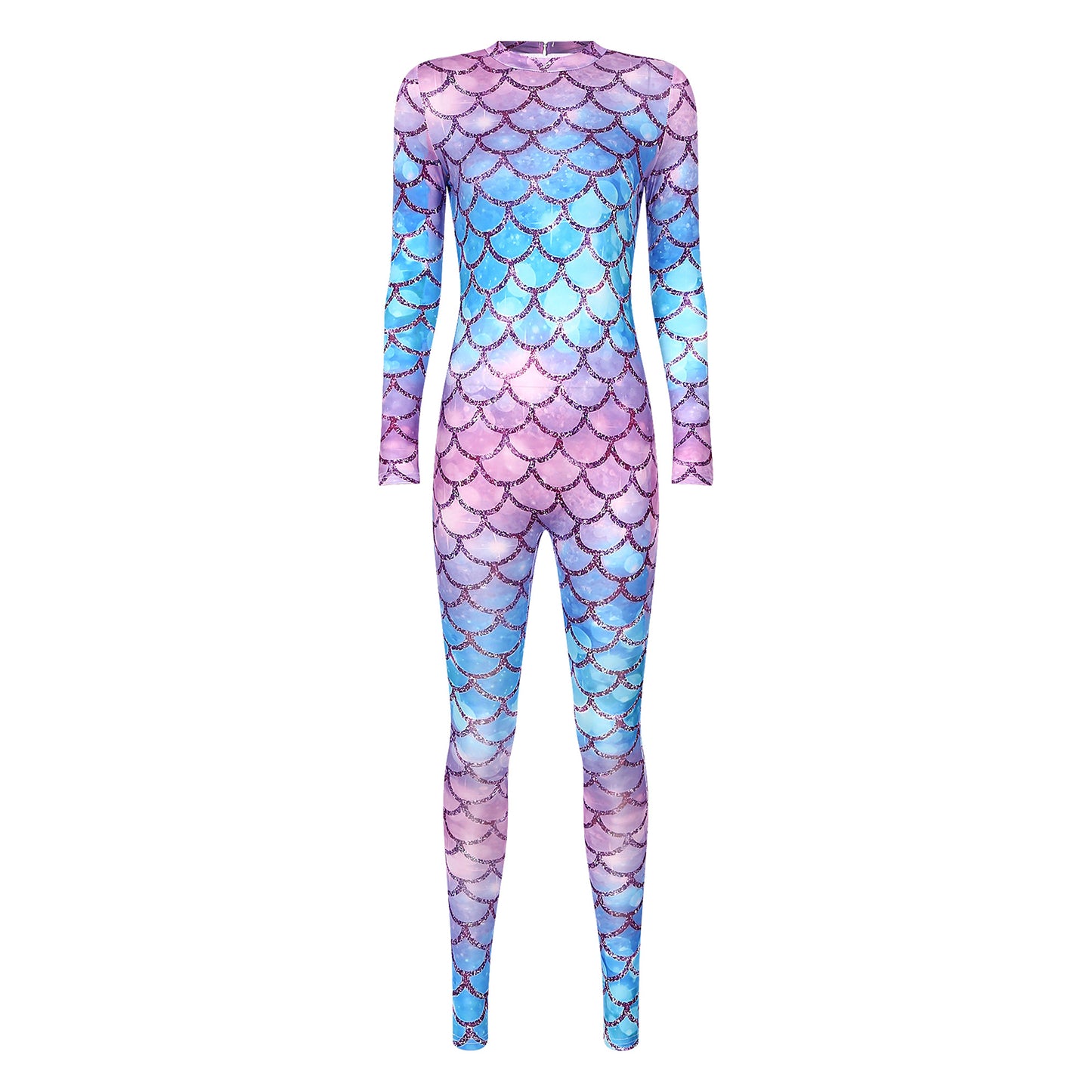 Womens Rash Guard One Piece Swimsuit Mermaid Fish Scale Print Long Sleeve Back Zipper Full Body Tops Sexy Swimwear Jumpsuit