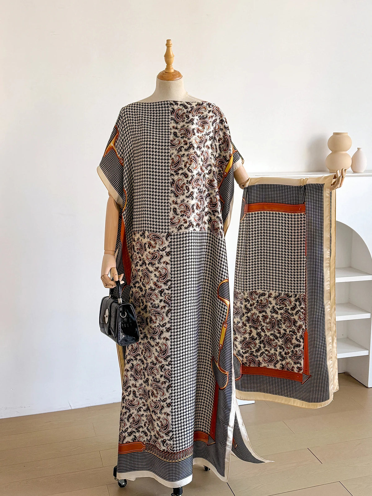 New Fashion Summer Dress With Big Scarf Dubai Turkey Kaftan Muslim Loose Abaya Women African Casual Flower Shawl Robe Moomoo