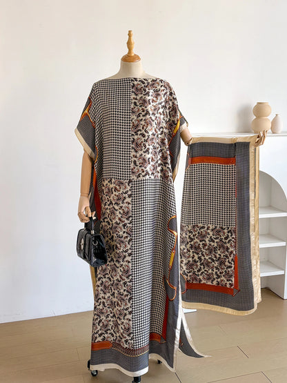 New Fashion Summer Dress With Big Scarf Dubai Turkey Kaftan Muslim Loose Abaya Women African Casual Flower Shawl Robe Moomoo