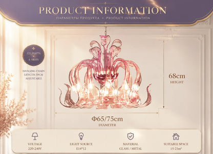Pink Glass Swan Chandelier Luxury French Style LED Pendant Light for Living Room Bedroom Dining Room Home Decor