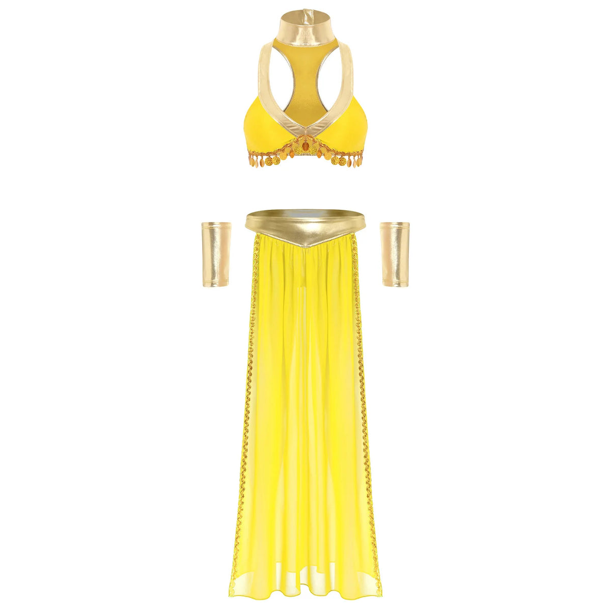 Women Ancient Egyptian Queen Cosplay Outfits with Collar Crop Top with Chiffon Skirt Metallic Shiny Indian Belly Dance