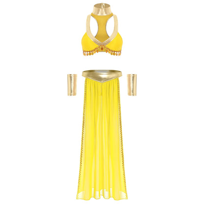 Women Ancient Egyptian Queen Cosplay Outfits with Collar Crop Top with Chiffon Skirt Metallic Shiny Indian Belly Dance