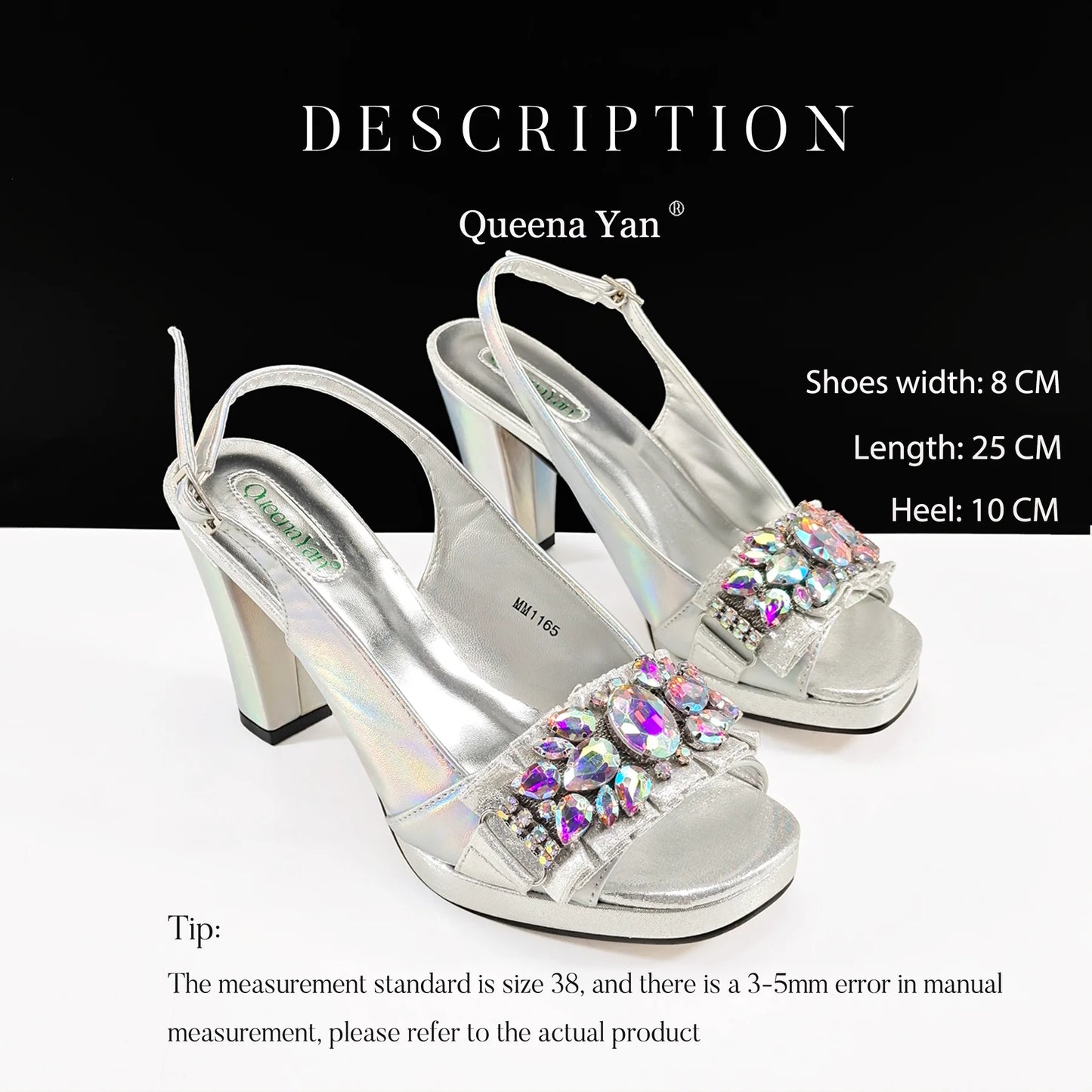Queena Yan New Arrival Mature Elegant Silver Color Rhinestore Design Party Wedding Lady Shoes and Bag Set for Platform Design