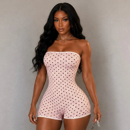 FLARORA Sexy Polka Dot Print Rompers Woman Off Shoulder Sleeveless Backless Skinny Peach Hip Playsuits Hottie Trend Streetwear