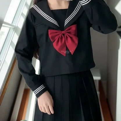 Basic Style Japanese Korean School Uniform College High School Student Uniforms Sailor Cosplay Costumes Black Top Pleated Skirt