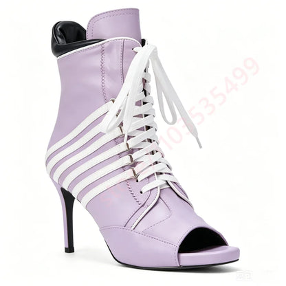 2026 Summer New Style Striped Peep Toe Ankle Boots Women Front Lace Up Thin Stiletto High Heel Fashion Streetwear Booties