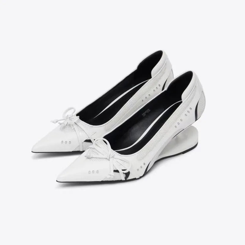 Special Heel Spliced Heels Pointed Toe Heels Women's Fashion Shallow Mouth Bow Non-Slip Mary Jane Single Shoes Large 42
