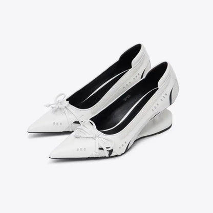 Special Heel Spliced Heels Pointed Toe Heels Women's Fashion Shallow Mouth Bow Non-Slip Mary Jane Single Shoes Large 42
