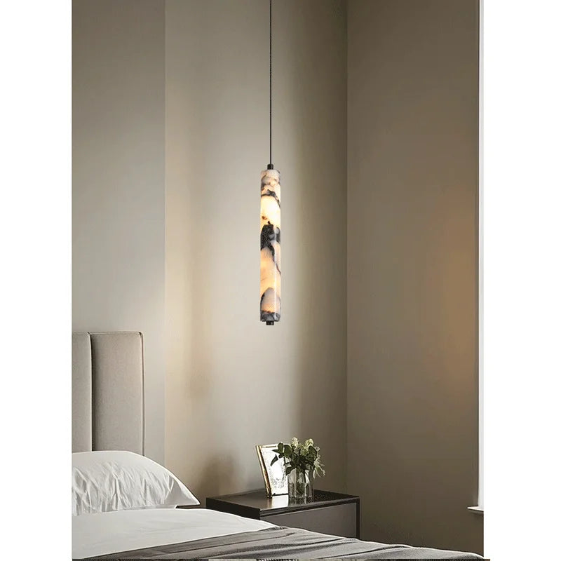 Luxury Black Cylinder Natural Stone Pendant Lamp High-end Bedside LED Chandelier Living Room Decoration Home Hanging Lights